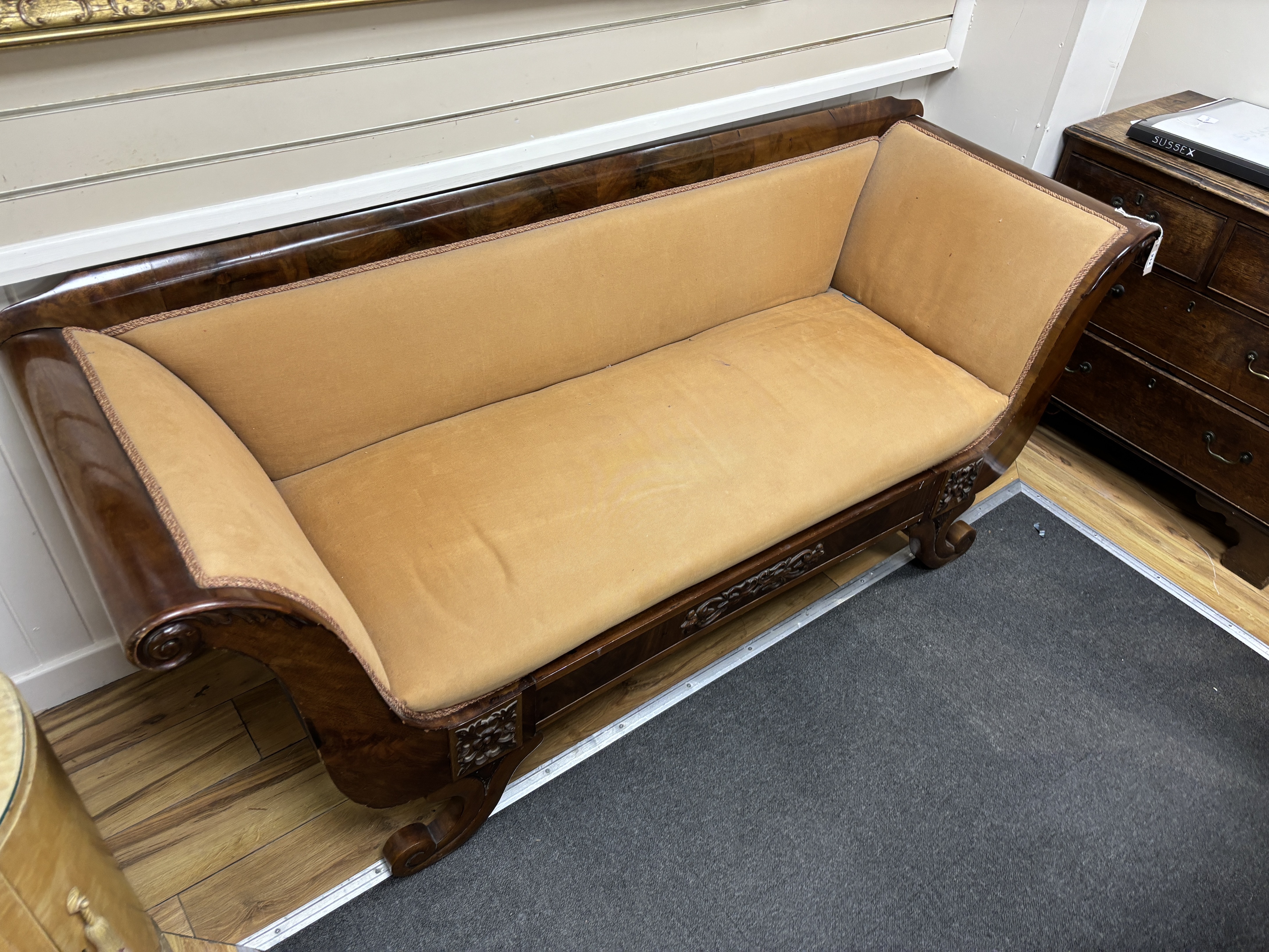 A 19th century mahogany Biedermier settee, width 180cm, depth 64cm, height 82cm. Condition - fair